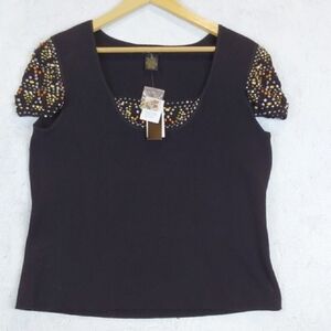 Grace Elements Embellished Black Ribbed Stretch Sequin Top Elegant Mod Sz.XL